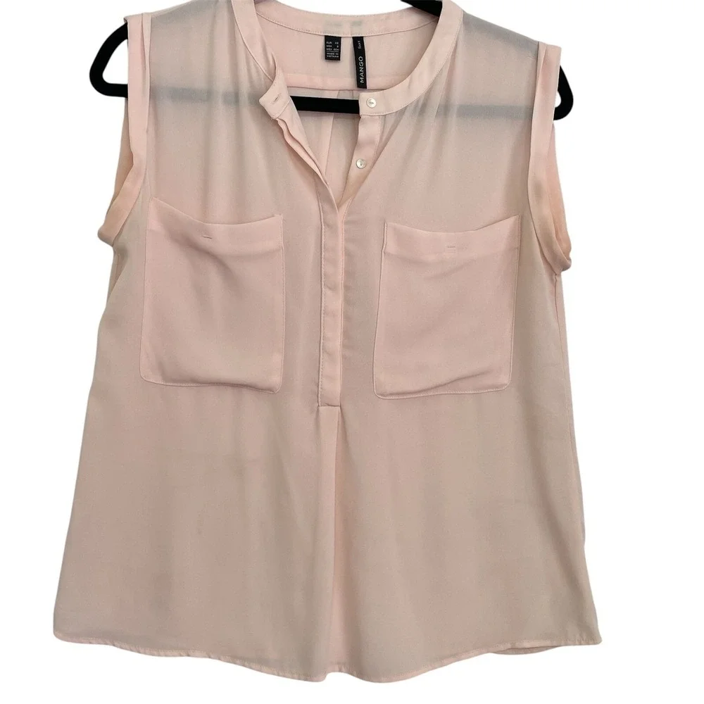 Mango SleevelessWomen Blouse Top Two Pocket Button Down Pink Size S